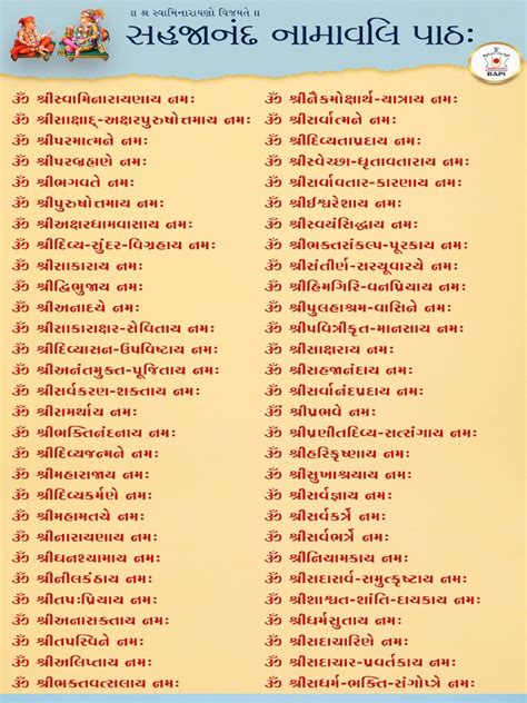 Sahajanand namavali baps pdf - 3. Om Shri Nar-Nãrãyanãya Namaha. One who is ‘Narayan’ – God – and is with ‘Nar’ – His ideal devotee. 4. Om Shri Prabhave Namaha. One who is the highest authority and power, and owner of everything. 5. Om Shri Bhakti-Dharmãtmajãya Namaha. One who has incarnated as the son of Bhakti and Dharma.